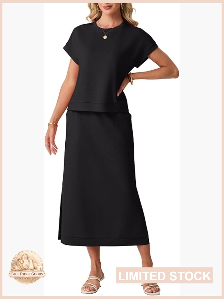 Wrinkle-Free Two Piece Set Casual Maxi Skirt Side Slit Pockets Elastic Waist